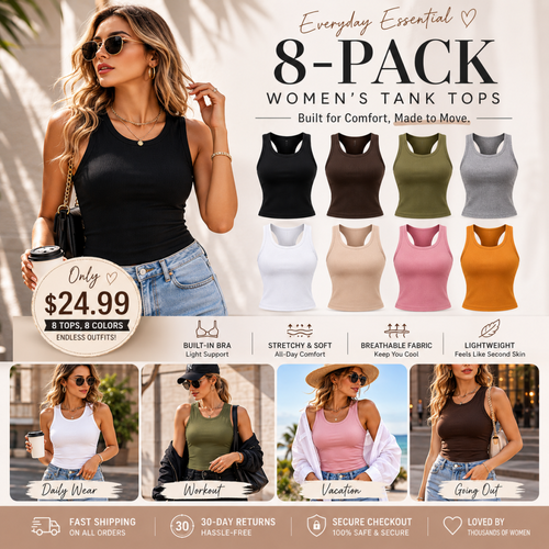 This Week's Special Price🍃Round Neck Built-in Bra Ribbed Tank Top Fit Casual Comfortable💥
